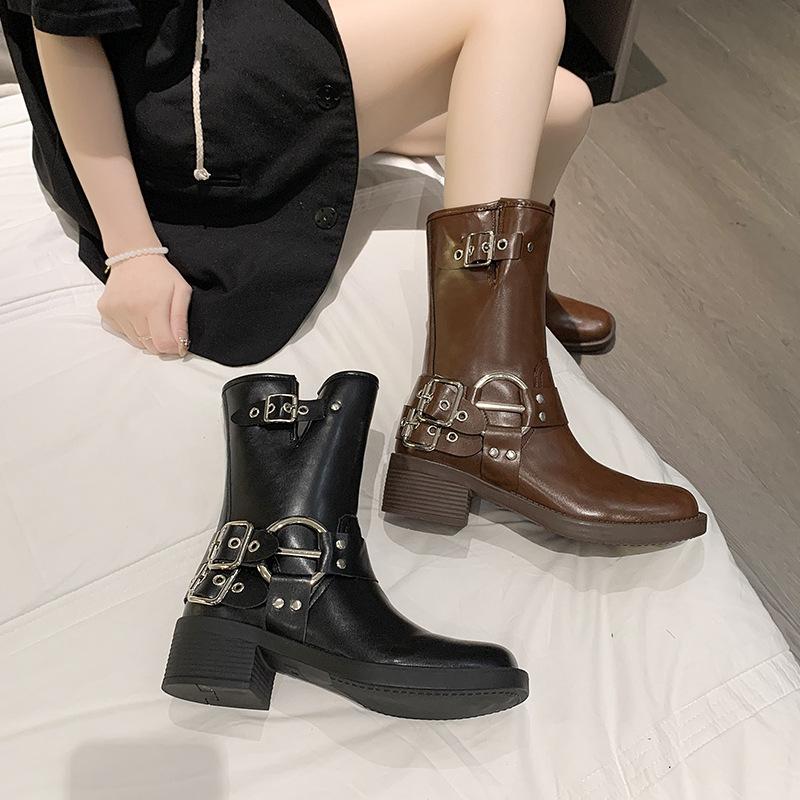 Knight Boots Women's 2025 Autumn and Winter New Square Head Brown Medium Tube Martin Spice Girl Retro Thick Heel Western Cowboy Boots