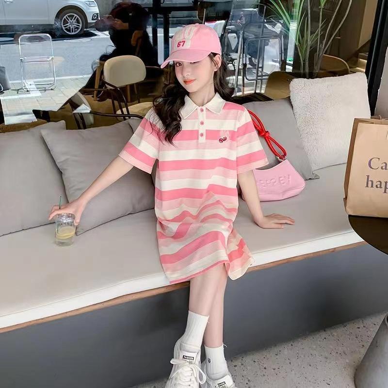 Girls Summer Thin Striped Dress Middle and Large Children Cute Sweet Short Sleeve Polo Dress T-shirt Dress