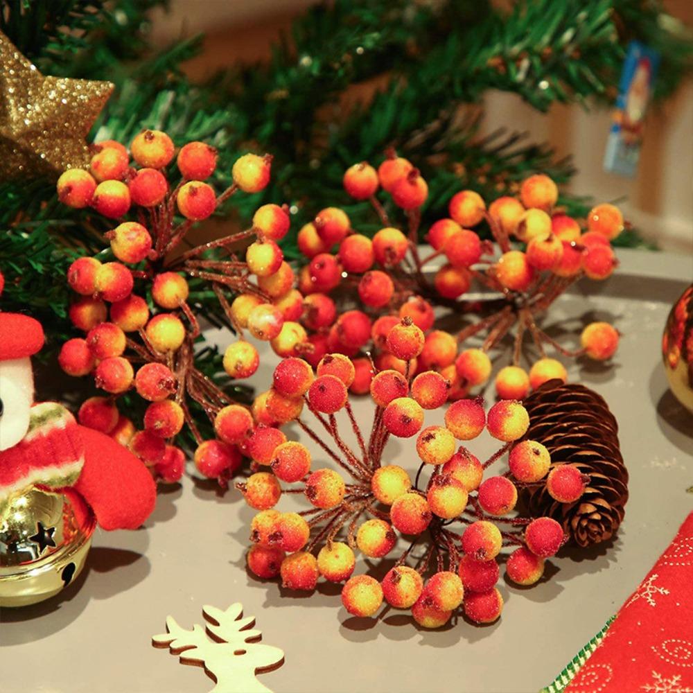 

5 Bundle Wire Flower Stem Frosted Artificial Berry Double Heads Wreath Accessories Party жовтий