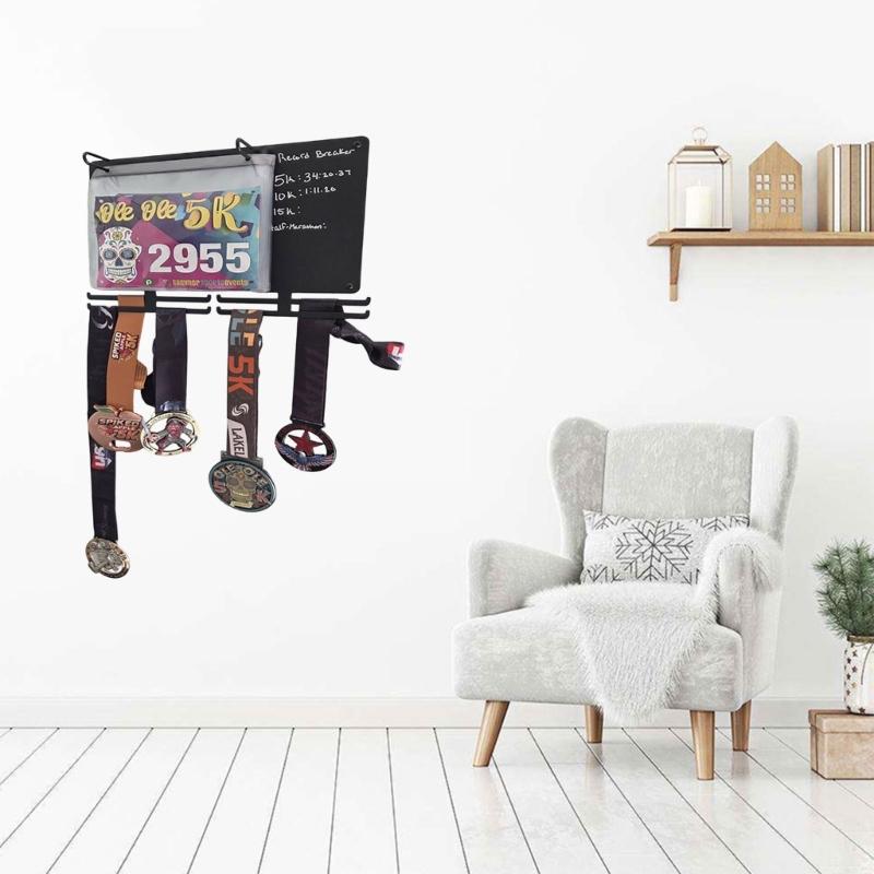 Wall Mounted Marathons Medals Display Organiser With Race Bib Holder Blackboard For Runners Carbon Steel Hanger