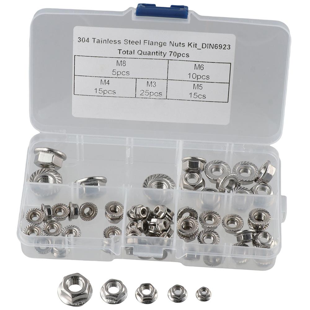 

70 шт. фланцевые шестигранные гайки из нержавеющей стали с яркой отделкой, набор шестигранных гаек для наружного и внутреннего использования