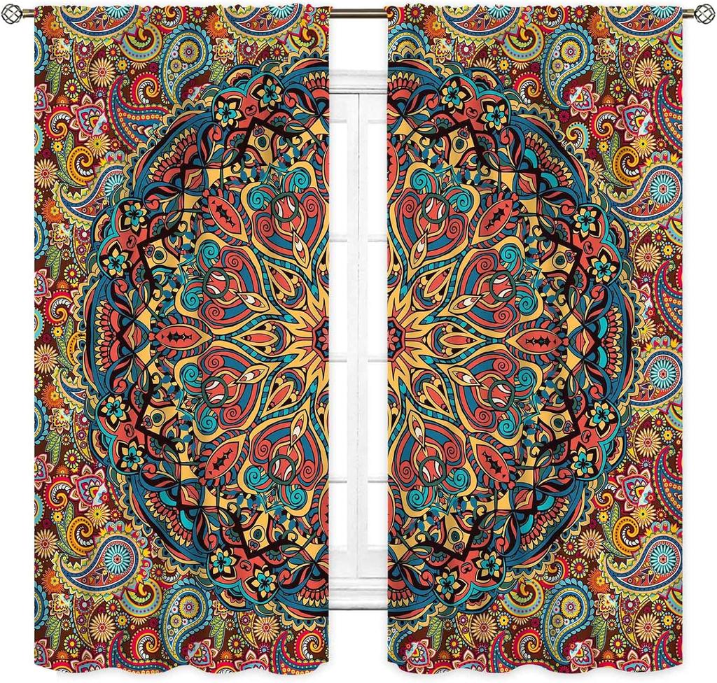 Hippie Mandala Vorhänge, Indisches Medaillon Trippy Boho Paisley Ästhetische Kunst Dekoration Bunte Orange Fensterbehandlung Für