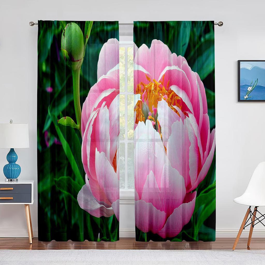 Tüllvorhänge mit rosa Pfingstrose und grünen Blättern für Wohnzimmer, Heimdekoration, Fenstervorhang, Küche, transparenter Voile-Vorhang