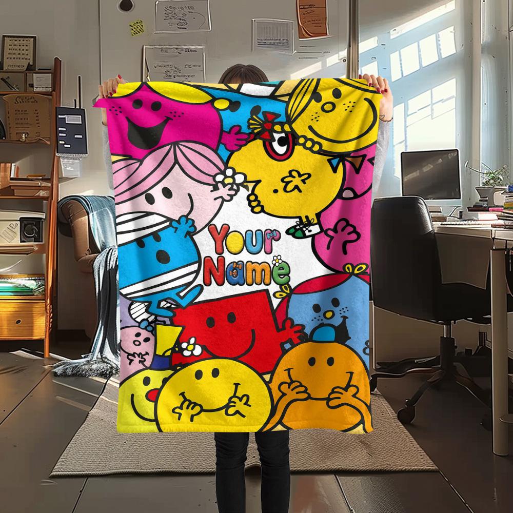 1PC Custom Name Mr. Men Little Miss Patterned Flannel Blanket Suitable For All Seasons for Home Decor Warmth and Comfort Gifts Holiday Present -HE158