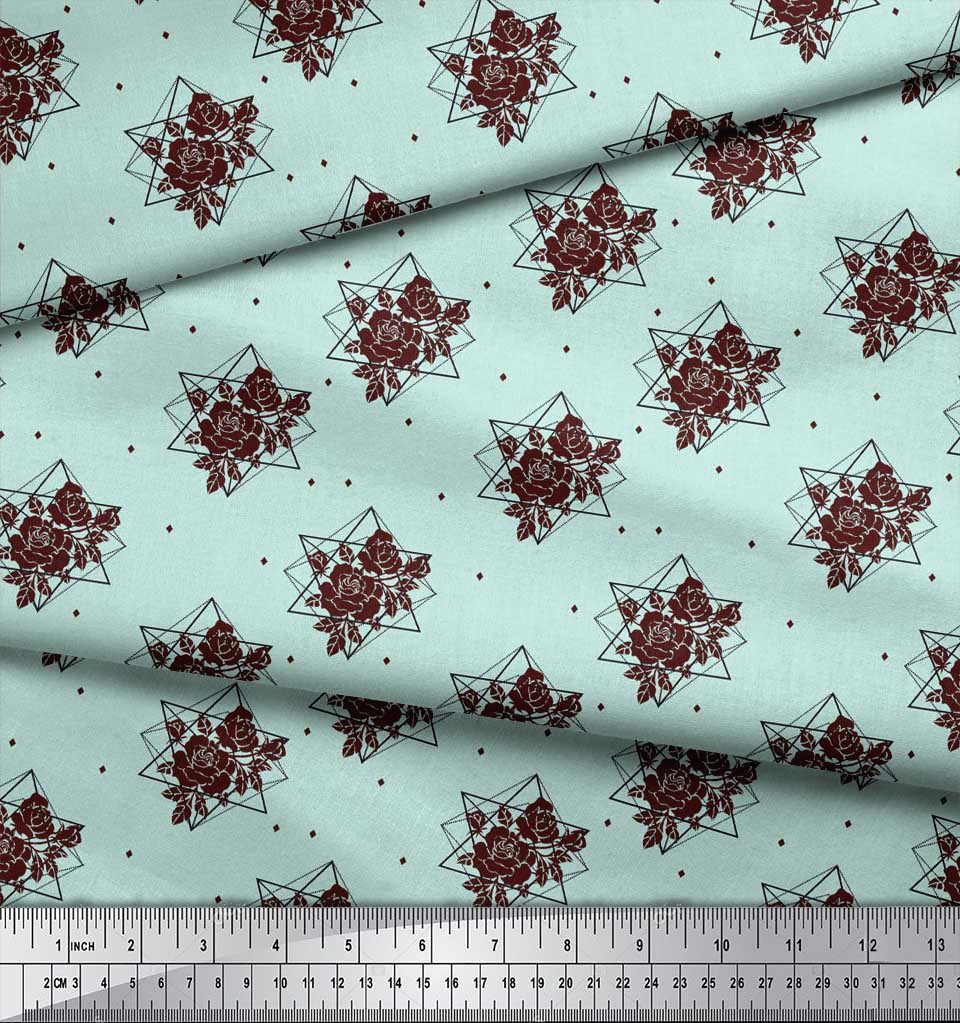 Soimoi Green Poly Crepe Fabric Geometric & Rose Floral Printed Fabric 1 Yard 42 Inch