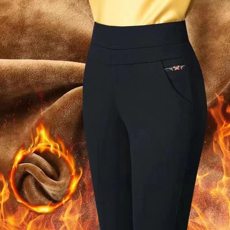 Damenhose mit hoher Taille, einfarbig, Taschen, Herbst-Winterhose, verdickte einfarbige Fleece-Futter, gerade Hose, Streetwear