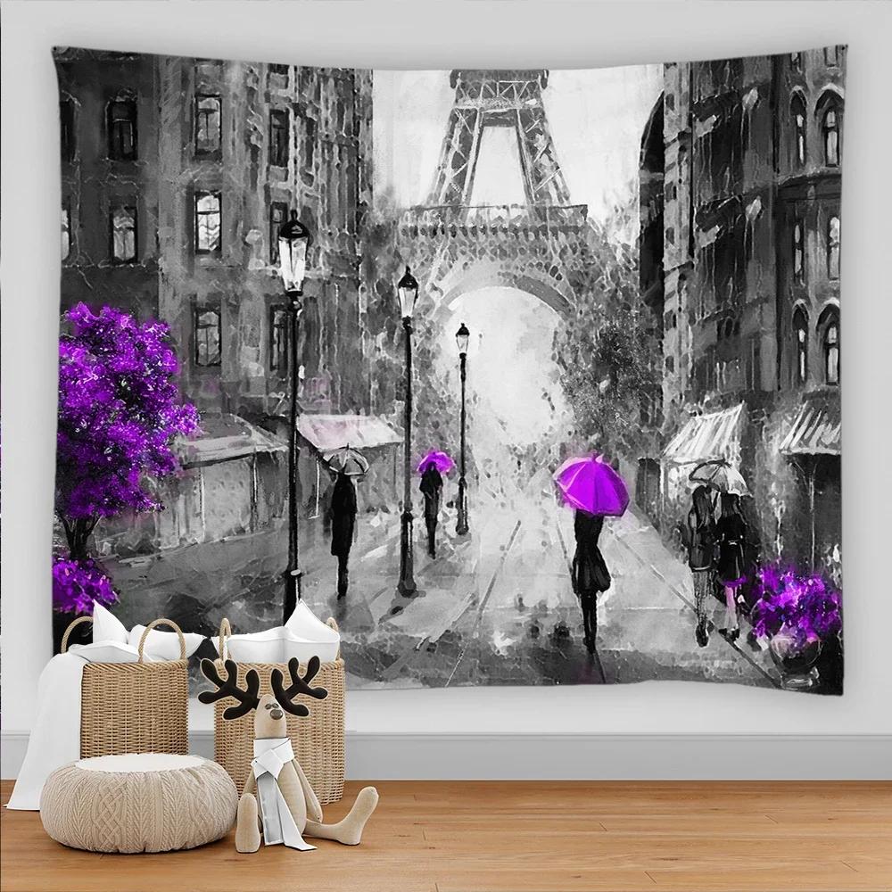 Paris Tapestry Backdrop  Wall Art Eiffel Tower Photo Banner Background European City Landscape Pink  Hanging Decor
