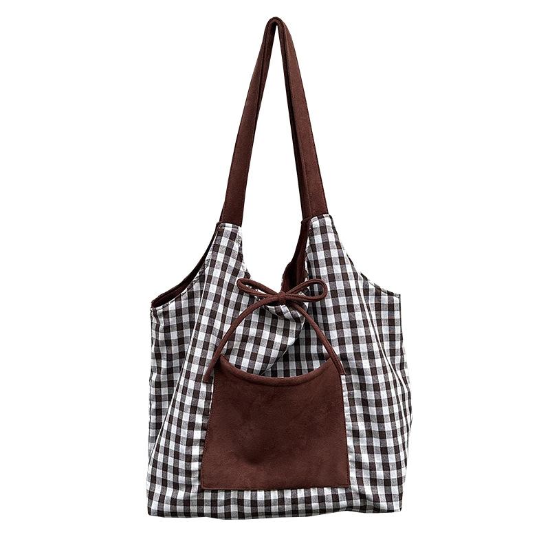 

Faux Suede Double Sided Women Plaid Vest Bag Large Capacity Canvas Shoulder Bags College Girls Book Tote Shopping Handbags кавовий