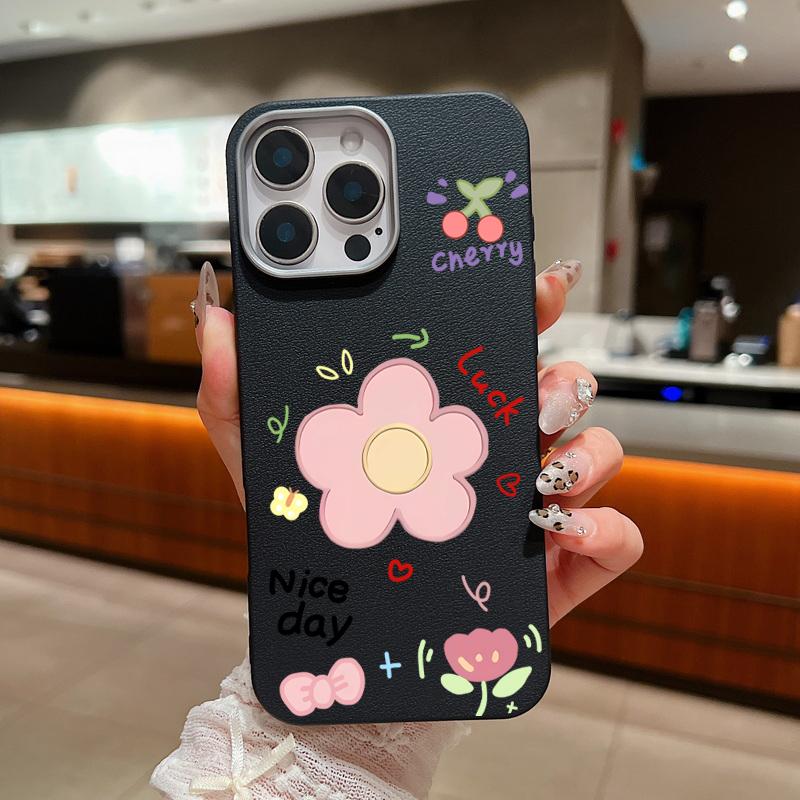 Cute Carton Flower Pattern Leather Texture Slim Soft Case For iPhone 16 Pro Max 15 14 Pro 13 12 11 Matte Lens Protection Shockproof TPU Phone Cover
