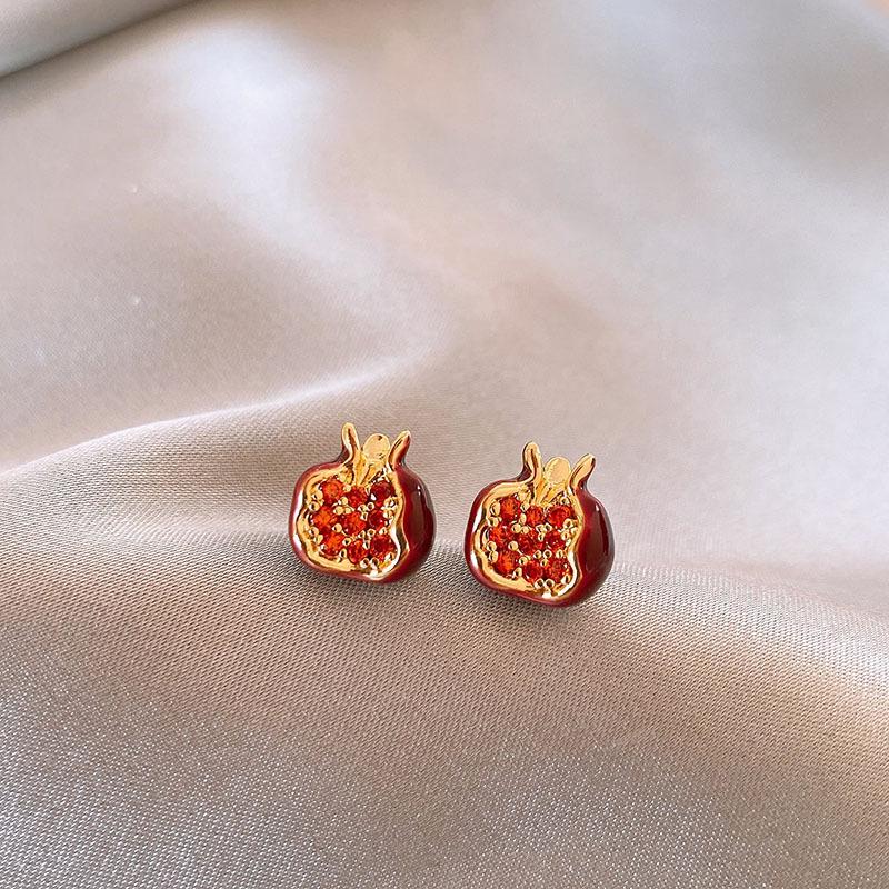 Vintage Enamel Diamond Pomegranate Stud Earrings: Luxurious, High-End, and Versatile Design.