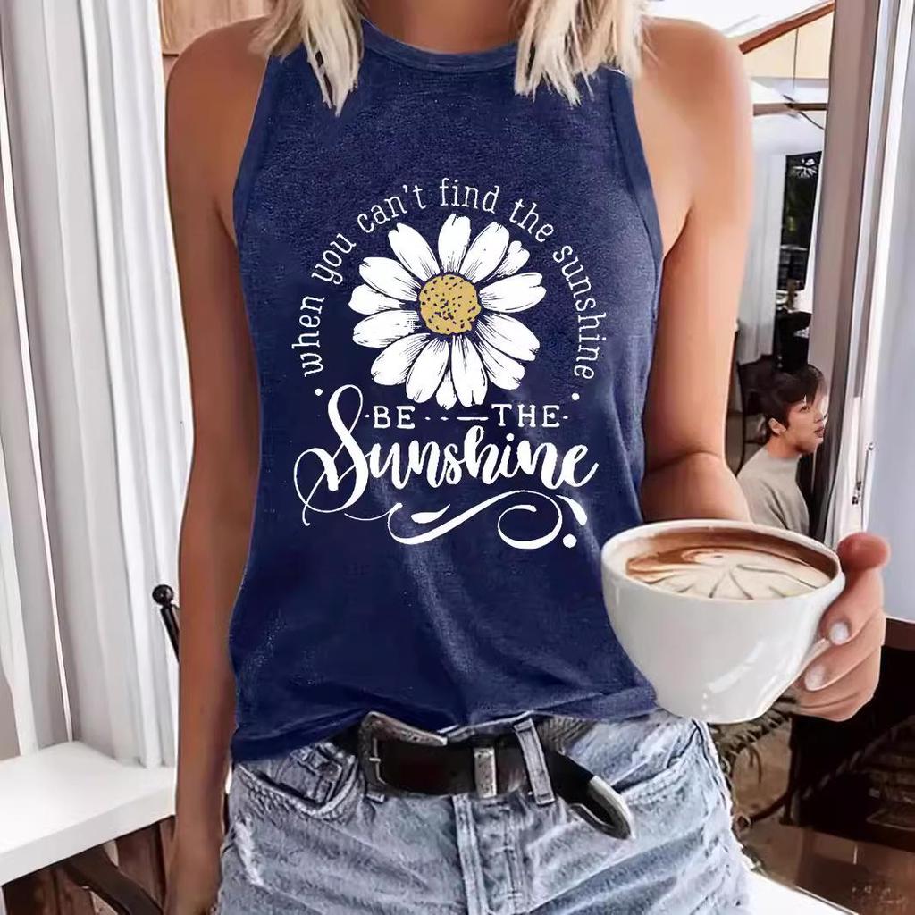 Floral Print Sleeveless Round Neck Women's T-Shirt Pullover Vest for Spring/Summer