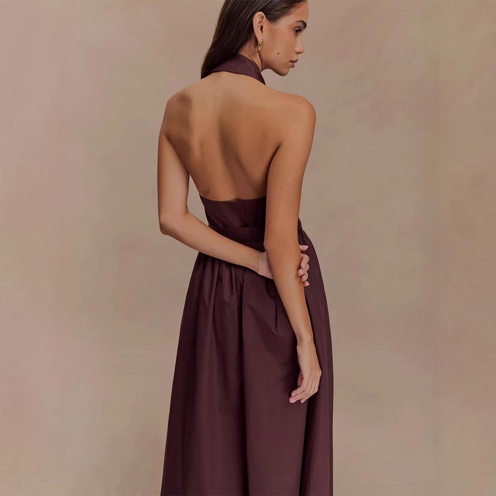 Dress European and American spring and summer new temperament commuter lapel off shoulder backless long neck dress