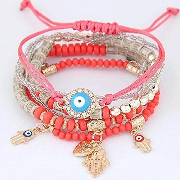 Multilayer Hamsa Hand Evil Eye Lucky Protection Bracelets Multicolor Crystal Charm Beaded Bracelet for Women Girls