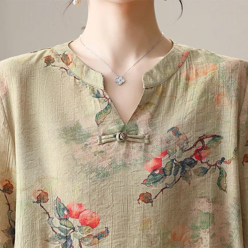 Women's Linen Floral Print Blouse Casual V-neck Half Sleeve Loose Fit Retro Chinese Style Top