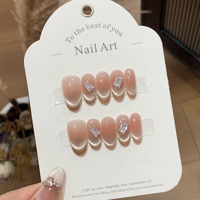 Ice-permeable Peach Powder French Cat Eye Rectangular Diamond Chain Bean Paste Milk Puff Paste Removable Nail Slices