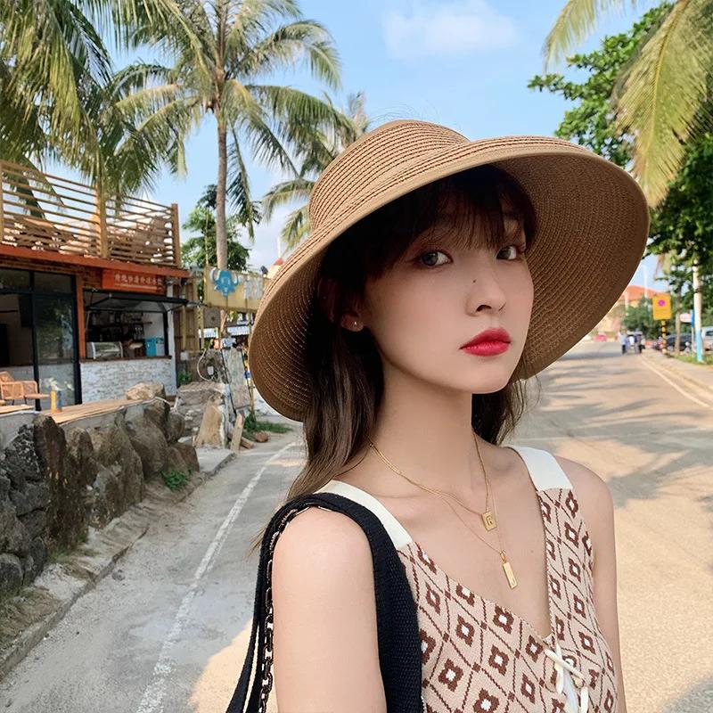 2022 Summer Foldable Women Straw Hats Solid Color Outdoor Breathable Empty Top Uv Protection Sun Hat Roll-Up Portable Beach Caps