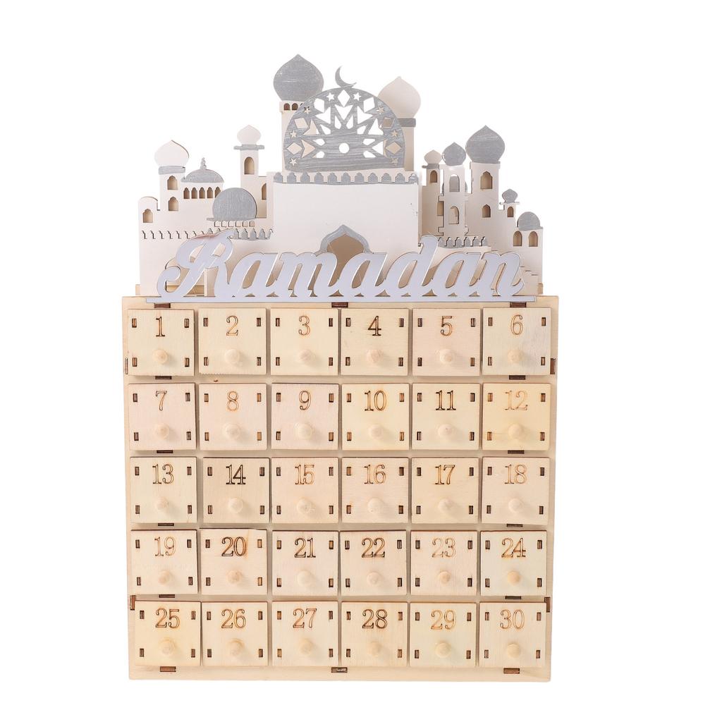 30-Day Ramadan Wooden Countdown Calendar with LED Lights Middle Eastern Castle Silhouette Eid Mubarak Festival Decor Home