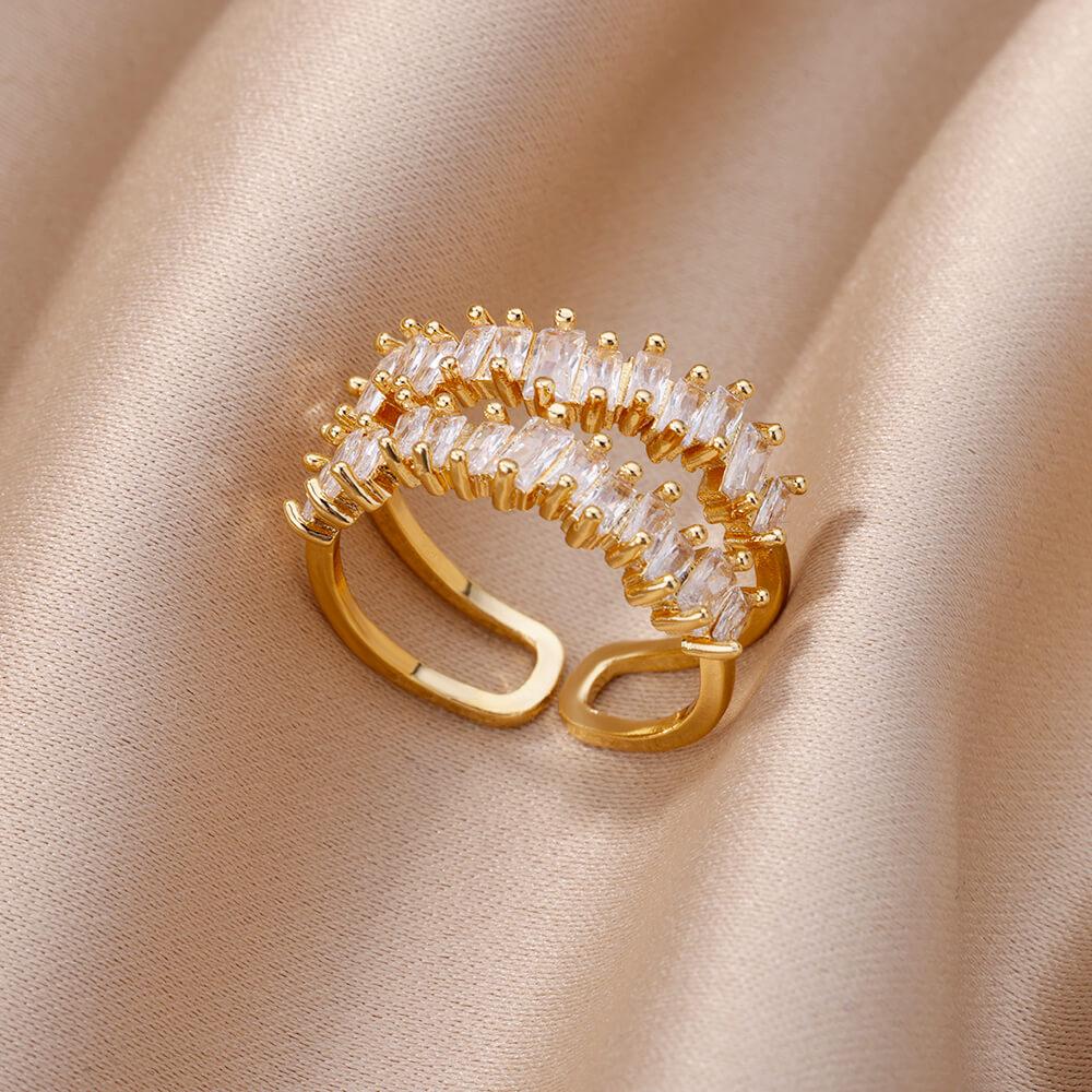 18K Goldplattierter offener Ring mit Zirkonia-Blattdesign - Luxuriös, Anlaufgeschützt, Ideal für Frauen