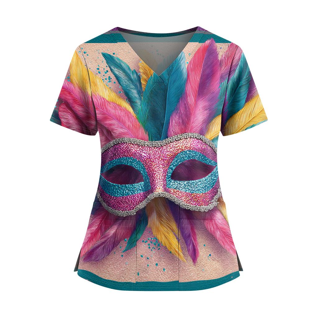 Women's Caregiver  Printed V-Neck Double Pocket Short Sleeves Hem Slit  Uniform Caregiver Top