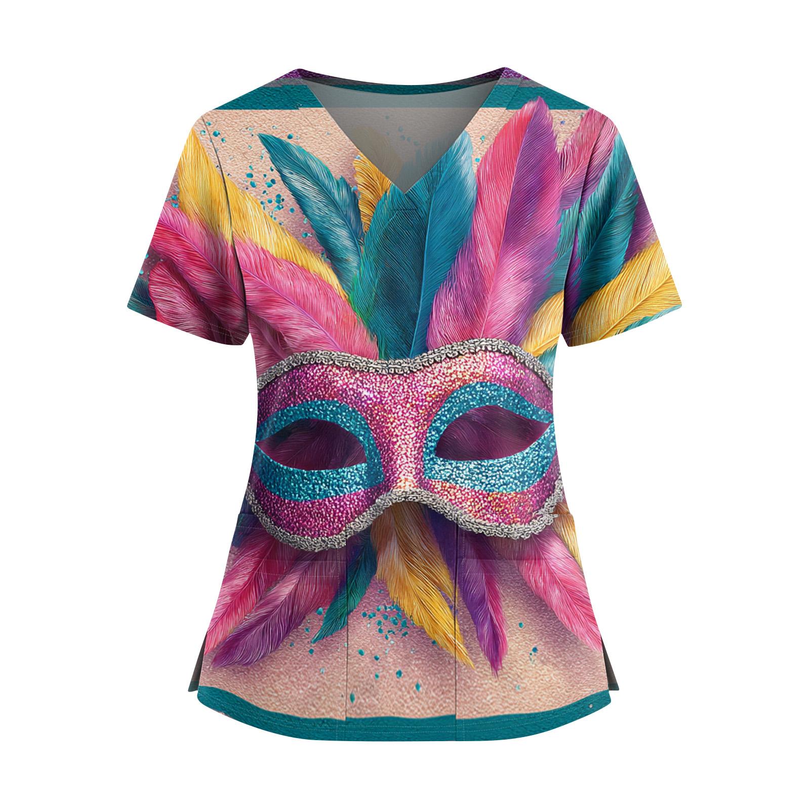 

Women s Caregiver Printed V-Neck Double Pocket Short Sleeves Hem Slit Uniform Caregiver Top M розовый