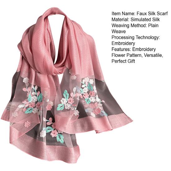 Yousheng Faux Silk Scarf with Beading Embroidered Crabapple Flower Design Women Versatile Shawl Comfortable Imitation Silk Scarf