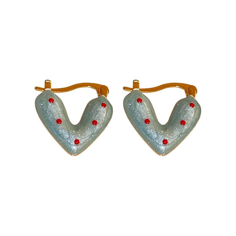 "2024 Silver Needle Heart Earrings: Red & Blue Polka Dot, Cute & Chic Style for Everyday Wear"