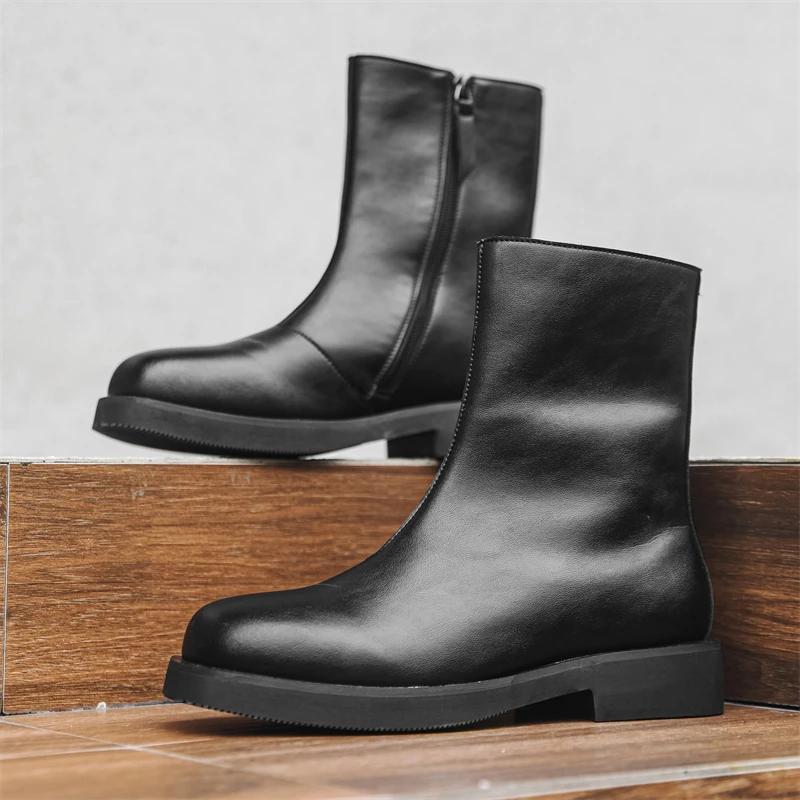 Fashion Thick Bottom Leather Men Chelsea Boots Outdoor Man Mid-Calf Boots High Top Casual Shoes Classic Spring Autumn Male Botas