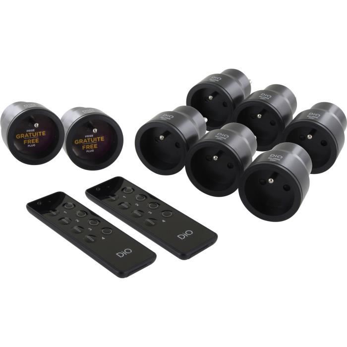 Kit Prises Connectées - DiO CONNECTED HOME - 8 Prises Nano Noires On/Off - 2 Télécommandes 3 Canaux - DiO 1.0