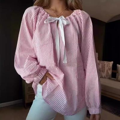 Fall and Winter Women's Chiffon Shirt Striped Tie Long Sleeve Top