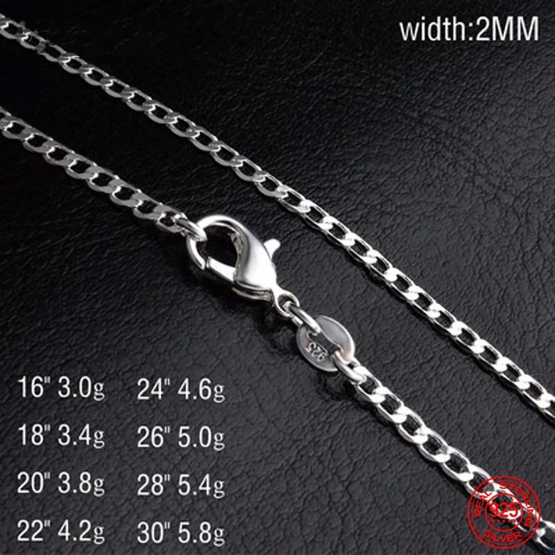 925 Silver 2MM Flat Necklace Chain For Women Men Fashion Wedding Party Jewelry Gift