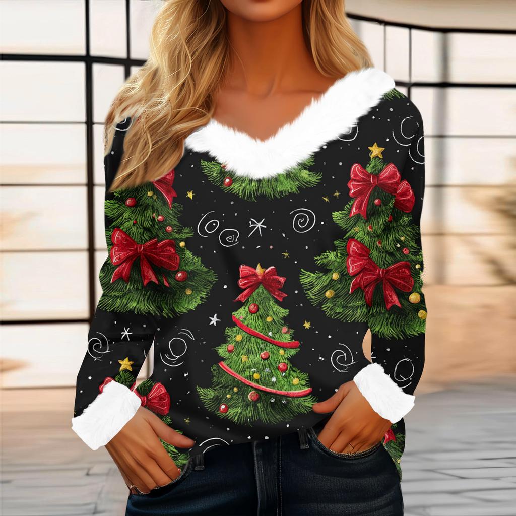 Women's Casual Fashion Long Sleeve Christmas Printed Flannel Collar Top