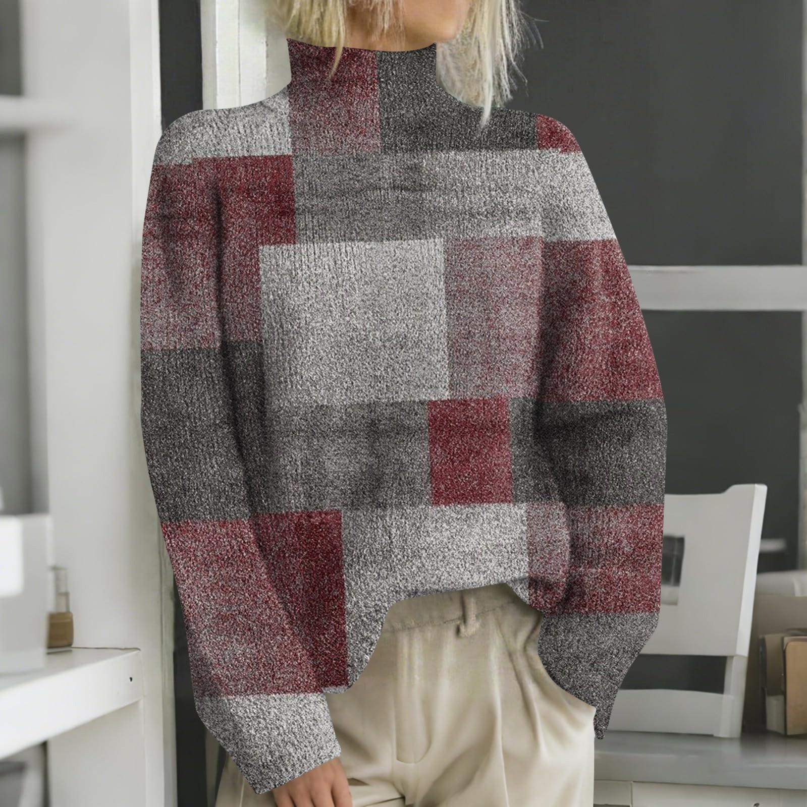 

Женская мода повседневная с длинным рукавом и принтом, с высоким воротом, шерстяной трикотаж XXXL красный