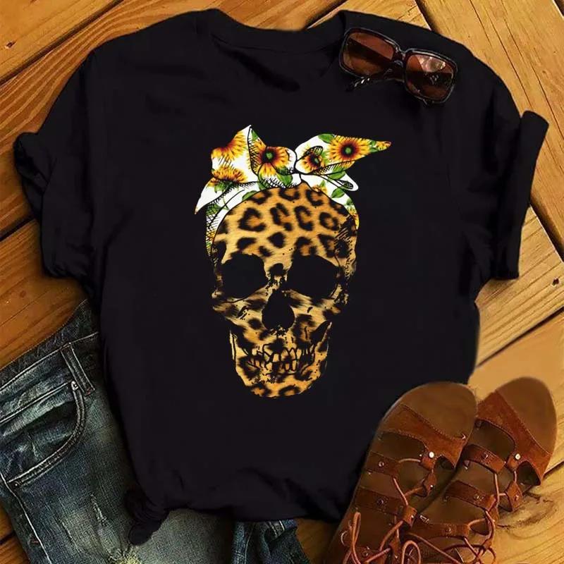 Fashion Leopard Skull Printed Women T-shirt Summer Loose Black Female T-shirt Casual Round Neck Harajuku Tops Woman Clothes