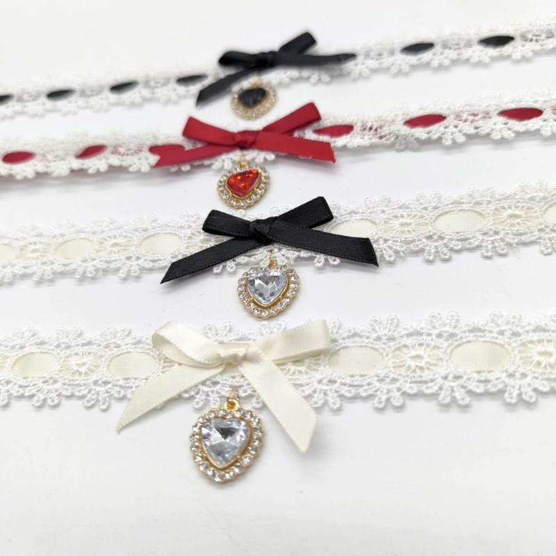 Fashionable Necklace Bowknot Heart Pendant Neckchain Adjustable Lace Choker Handmade Collarbone Chain Gifts for Women