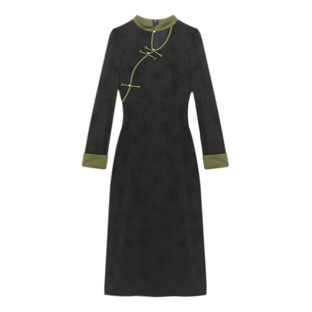 Plus Size Chinese Style Dark Jacquard Spring 2025 Retro Long Dress