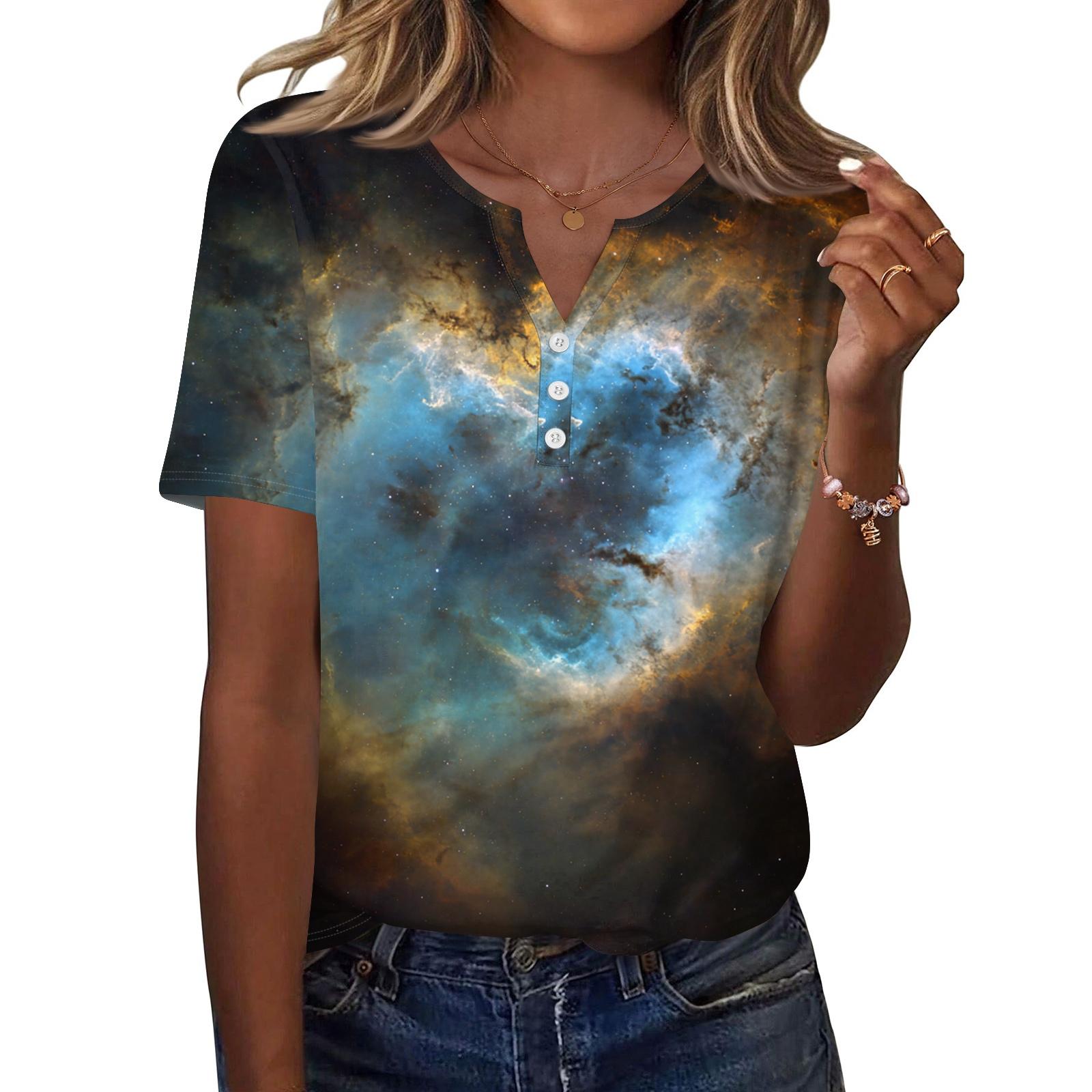 

Жіноча футболка з принтом і ґудзиком, з коротким рукавом, щоденна мода на вихідні, базовий V-подібний виріз, звичайний топ L помаранчевий