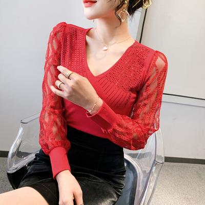 Koszula z koronką na modny top damski z dekoltem w serek i żelaznym diamentem T-shirt z długimi rękawami
