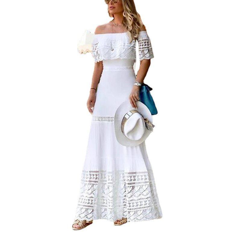 Temperament Slim Dress Summer New Style European and American Fashion off-Shoulder Stitching Lace Dress