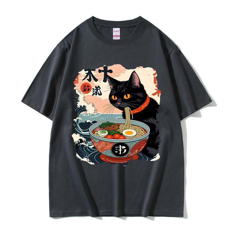 2025 Sommer Lustige Anime Ramen Katze Meme Vintage Japanisch Kawaii Nudelkatzen Grafik T-Shirts Herren Damen 100% Reine Baumwolle T-Shirt