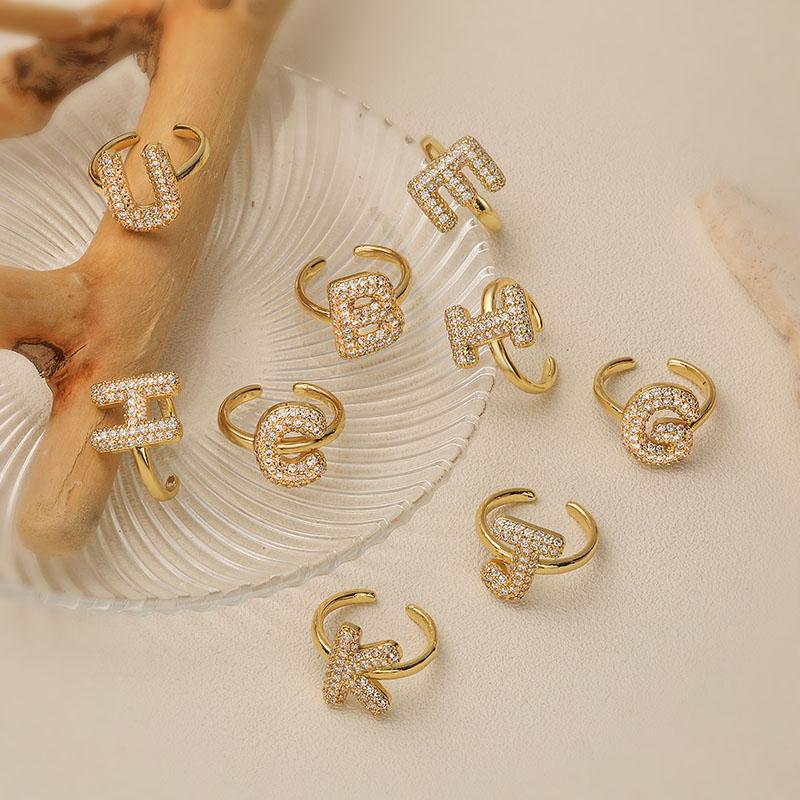 

HECHENG, 20×5MM Bubble Letter Zircon Ring Golden/Coppery A-Z Lucky Letter Opening Adjustable Neutral Couple Zircon 1 piece Z золотий