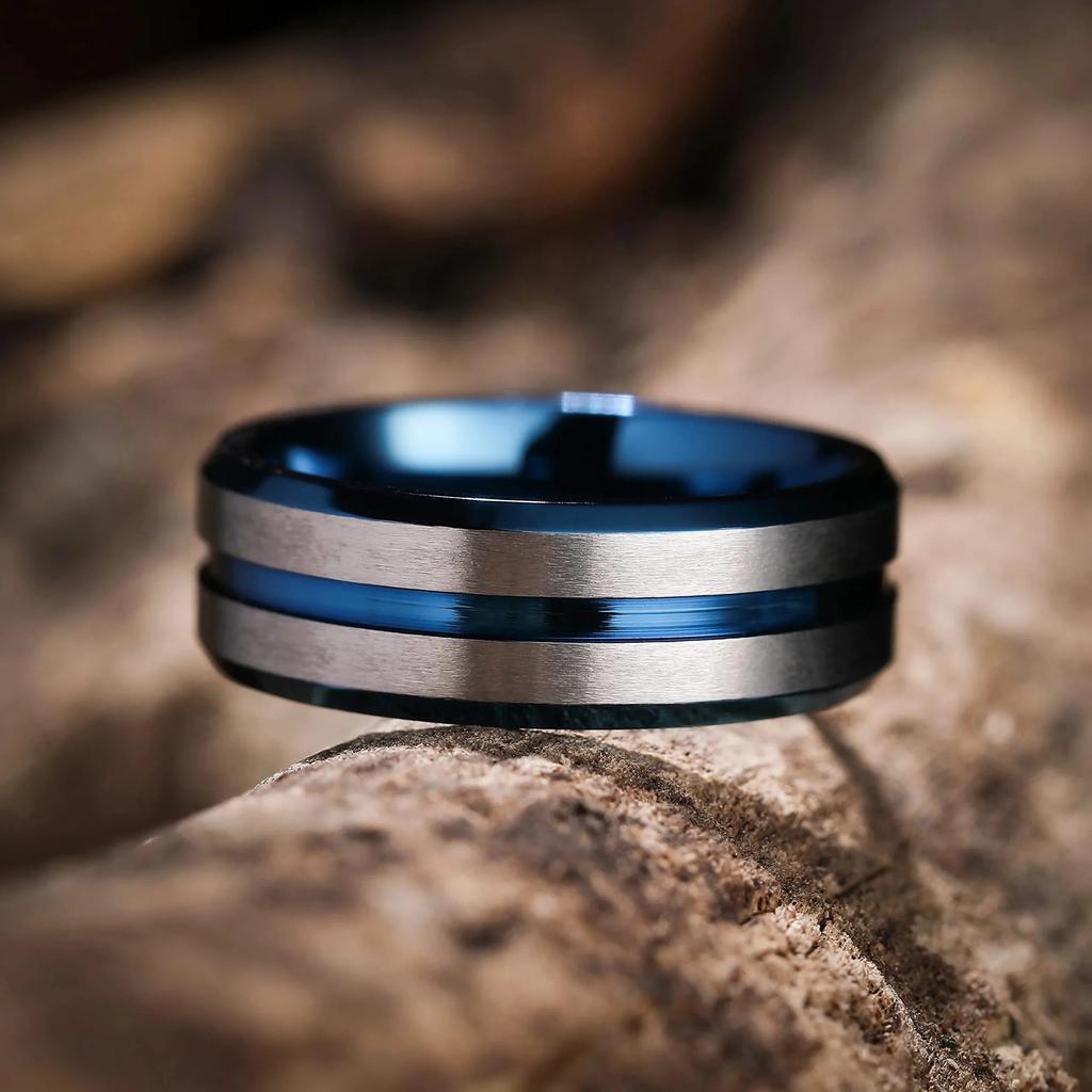Fashion 8mm Blue Stainless Steel Rings For Men Silver Color Brushed Beveled Edge Steel Engagement Rings Men Wedding Band Jewelry