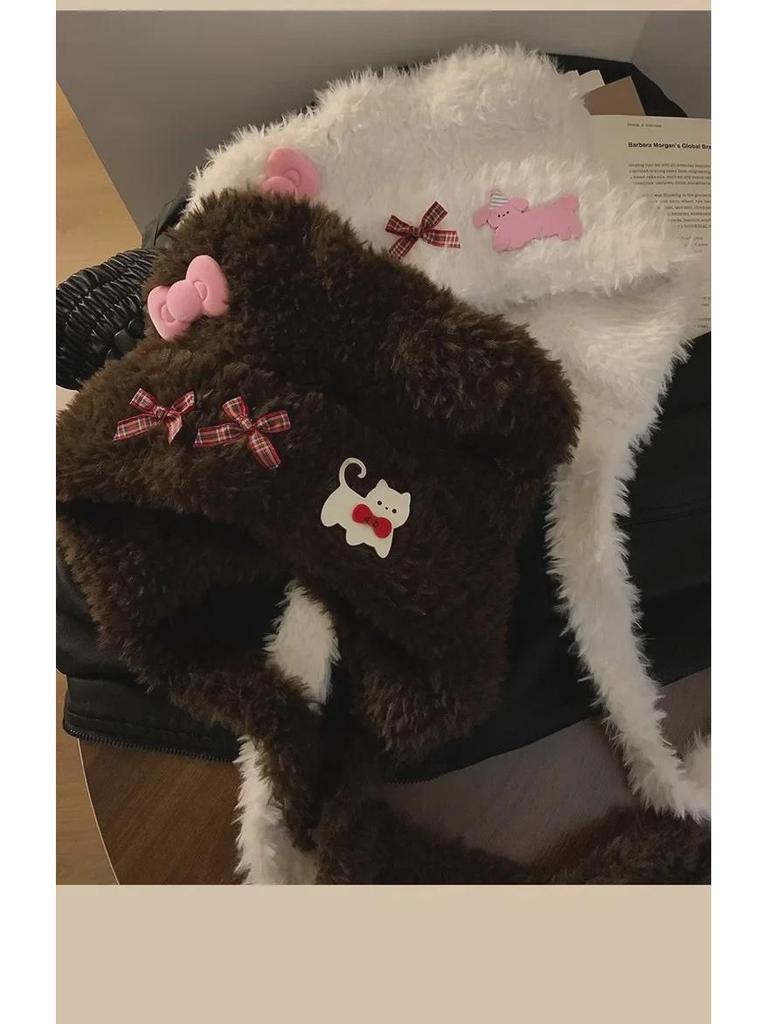 Căciulă caldă de pluș cu urechi de ursuleț și pisică, cu fundă, pentru femei – Protecție pentru urechi de toamnă/iarnă cu design cu față deschisă