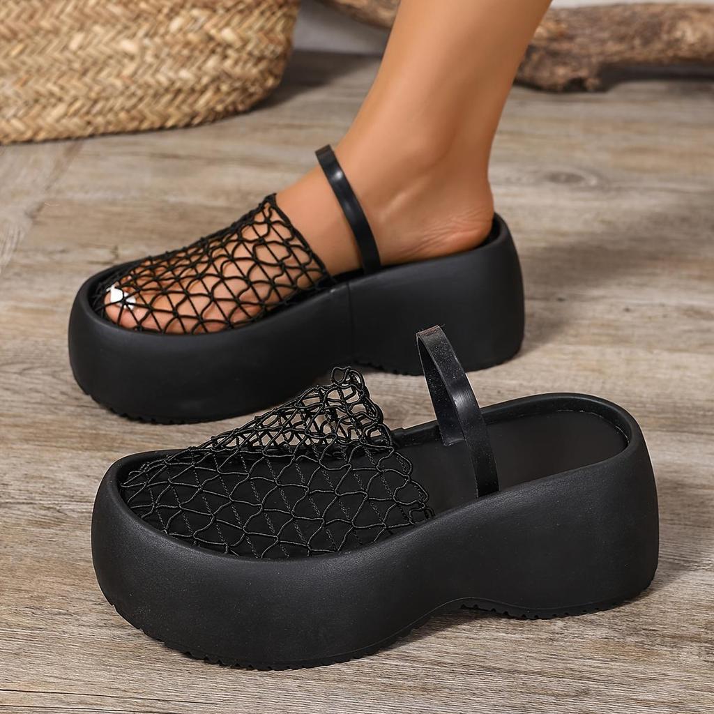 Stylish Black Mesh Fishnet Women's Casual Platform Sandals | Thick Cushioned Sole, Comfortable Slip-On Round-Toe Shoes for All-Season Wear