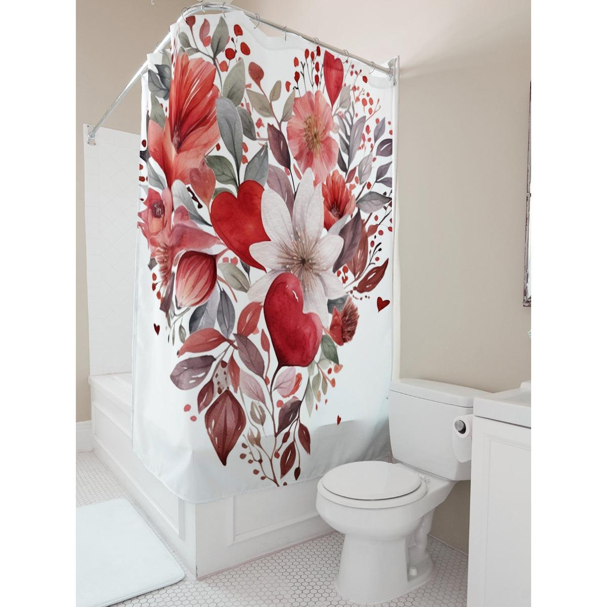 

Watercolor Floral And Heart Print Shower Curtain For Bathroom Decoration W60H190(CM)-1 Pcs