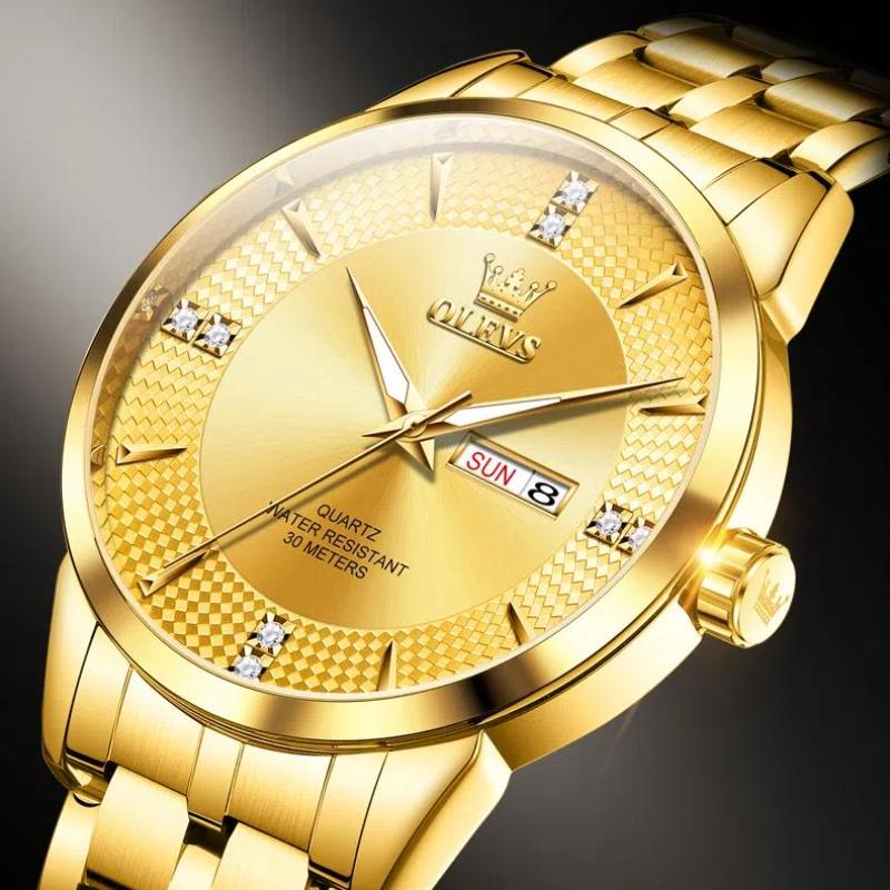 OLEVS Gold Watch for Men Waterproof Luminous Date Fashion Classic Stainless Steel Wristwatch Business Quartz Watches