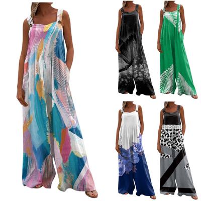 Women's Fashion Printed Jumpsuit Long Pants Casual With Pocket Non-adjustable Strap Jumpsuit