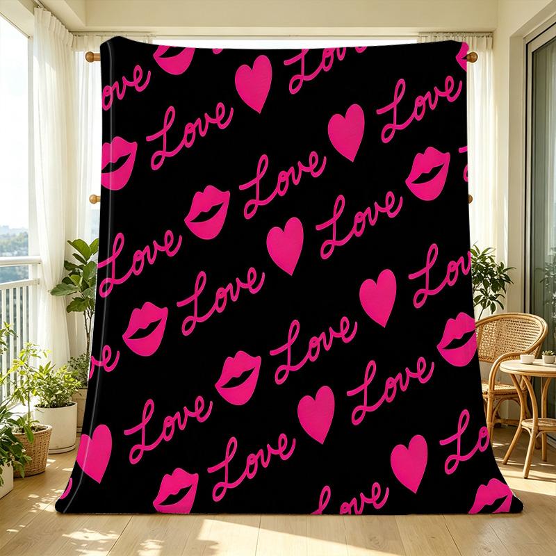 Flannel Fleece Blanket Soft Warm Heart & Lip Pattern Throw, Cozy Bedroom Home Decor, Perfect Valentine's Gift for Relaxation