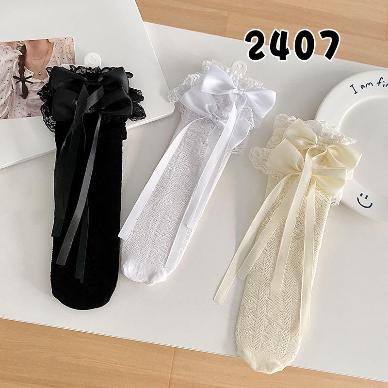 Meias Brancas de Bezerro com Laço para o Verão, Finas, Vazadas, Cano Longo Renda de Fita Lolita até o Joelho