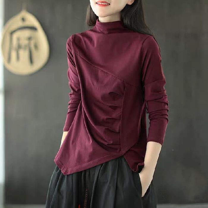 Literary Retro T-shirt for Women, Small Turtleneck, Irregular Pleated Bottoming Shirt, Versatile Temperament, Slimming Top