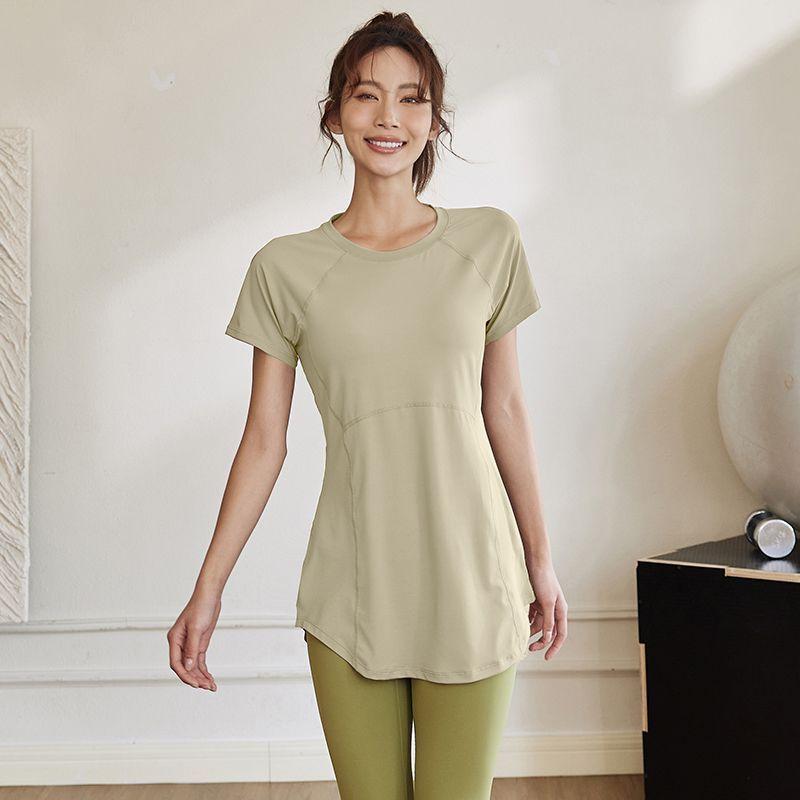 

Yoga Clothes Summer Women s Short Sleeve Mid Length Long Length Thigh-Length Loose Slim Looking Quick-Drying Running Workout T-shirt Sports Tops Women Avocado Green L